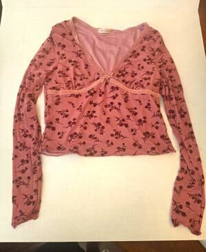 COCO & SHAY Women's XS Pink Floral Mesh Velvet V-Neck Long Sleeve Bow Y2K Blouse